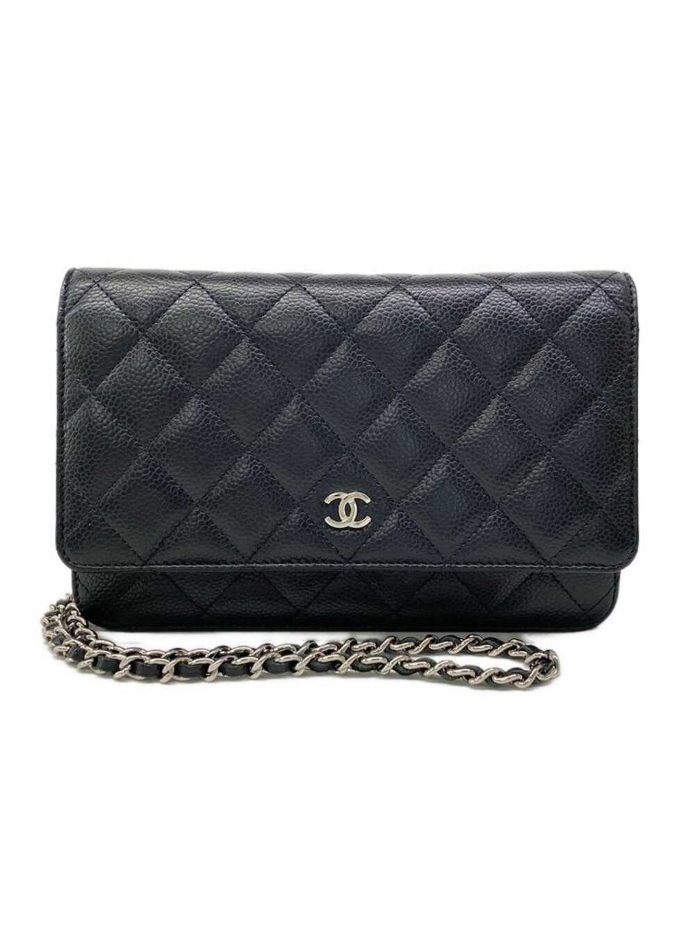 Chanel Wallet Quilted Black Chain Silver Shoulder